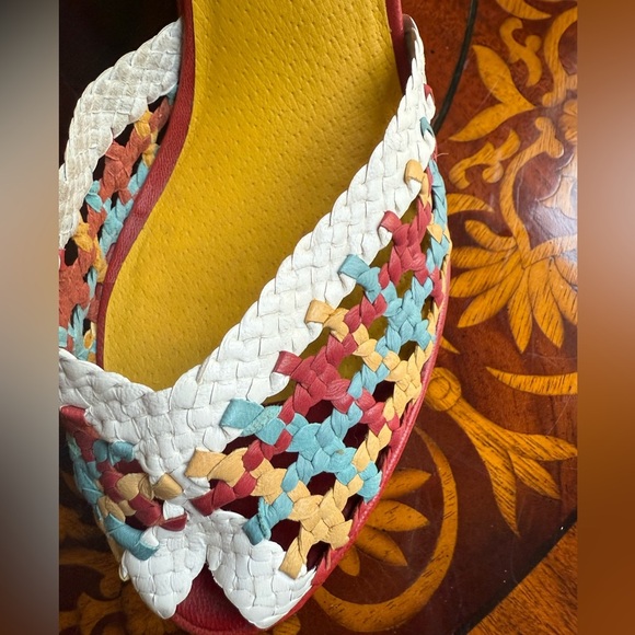 NWOT Delman Red/Yellow Leather Woven Peep toe Sandals 4” heel Size 8 MSRP $295 - Picture 6 of 13